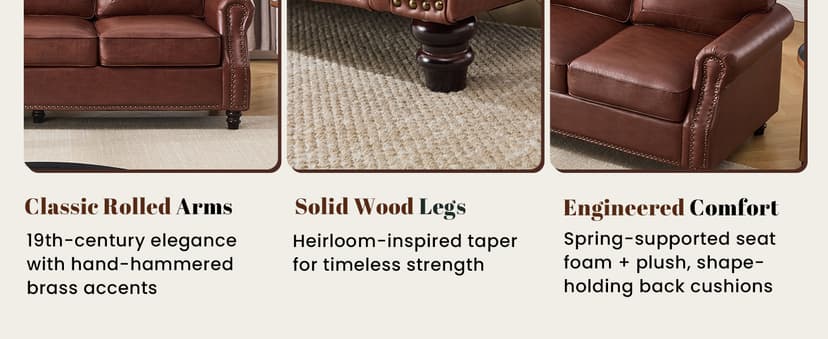 Kingfun Mid-Century Modern Couch, Faux Leather Sofa, 3 Seater Couch for Living Room with Rolled arms & Nailhead Trim, Dark Coffee