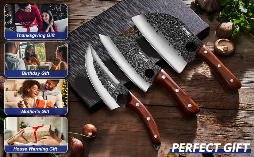 3PCS Butcher Knife Set, Hand Forged Serbian Chef Knives & Meat Cleaver & Viking Knives, Meat Cutting Kitchen Knife Set for Home, Outdoor Cooking, Camping BBQ Gift Idea Men