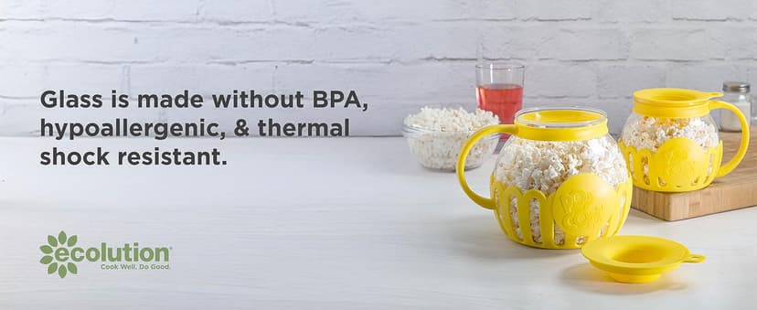 Ecolution Patented Micro-Pop Microwave Popcorn Popper with Temperature Safe Glass, 3-in-1 Lid Measures Kernels and Melts Butter, Made Without BPA, Dishwasher Safe, 3-Quart, Yellow