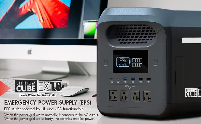 Wagan EL8840 Portable Power Station EX18 Lithium Cube Solar Generator 1229Wh LiFePO4 Battery Fast Charge 1800W 3000W peak AC 100W USB-C for Home Backup, Power Outages, Outdoor Camping, Off-grid