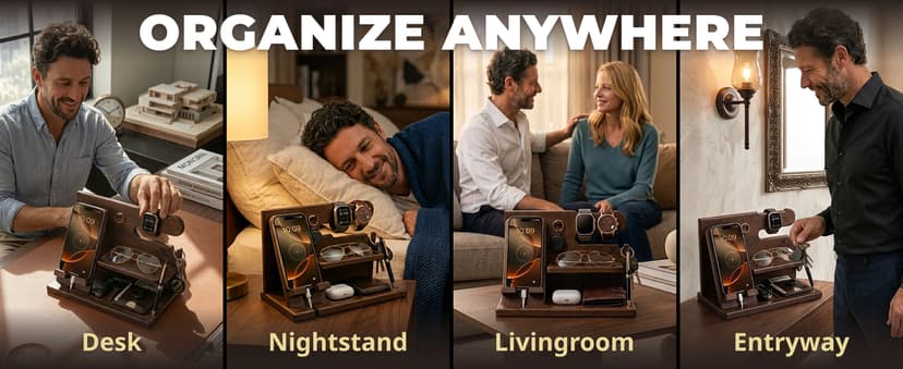 TESLYAR Wood Phone Docking Station for Men - Desk or Nightstand Organizer - Birthday Gifts for Husband, Dad - Anniversary Idea from Wife - Key Holder, Stand Wallet, Watch & Essentials (Bourbon Brown)