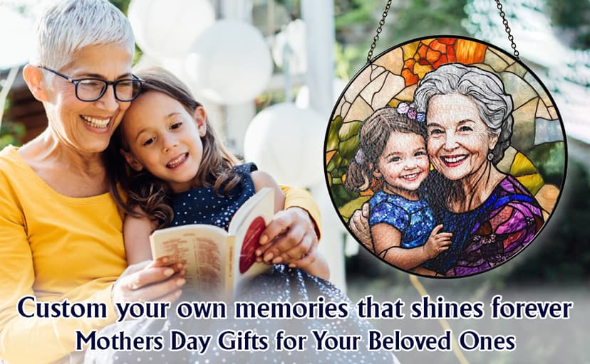 LOVELYPOD Personalized Grandma Stained Glass Sun Catcher, Photo Family Portrait Faux Window Hanging Ornament, Custom Photo Gift, Grandma Gifts, for Mom, Christmas Ornament