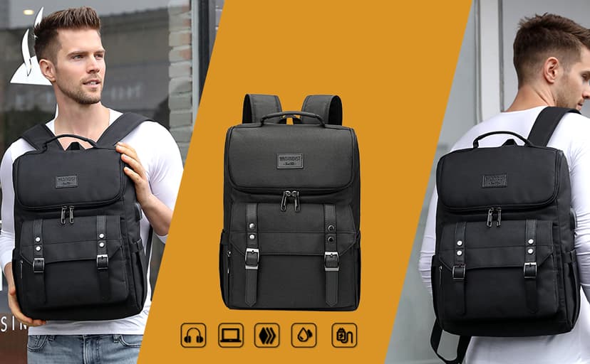 YALUNDISI Vintage Backpack Travel Laptop Backpack with usb Charging Port for Women & Men College Backpack Fits 15.6 Inch Laptop Black