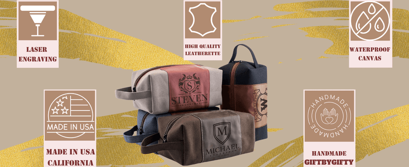 GIFTBYGIFTY Toiletry Bag for Men Personalized, Laser Engraved Initial & Name on Leather, Custom 4 Canvas Colors - Gift for Husband, Dad, Boy Friend, Handcrafted Travel Bag, Waterproof Shaving Dopp Kit