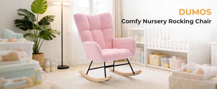 DUMOS Nursery Rocking Chair Teddy Upholstered, Comfy Glider Rocker with High Backrest Armchair Padded Seat, Accent Side Chair for Living Room Bedroom Offices Small Spaces Indoor, Pink