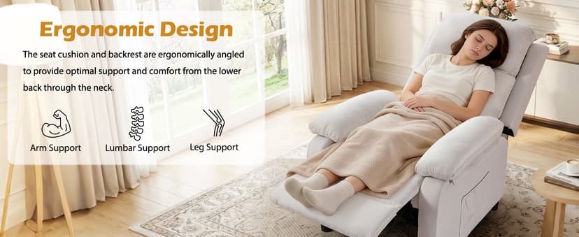 Korser Recliner Chair, Living Room Chairs for Adults, Padded Deep Seat Reading Chair with Side Pockets, Small Recliners for Small Spaces, Lounge Chair for Living Room, Bedroom, and RV (Linen)