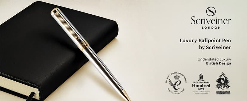 Scriveiner Silver Chrome Ballpoint Pen - Stunning Luxury Pen, Real Gold Plating, Schmidt Black Refill, Best Ball Pen Gift Set for Men & Women, Professional, Executive, Office, Nice, Fancy Pens