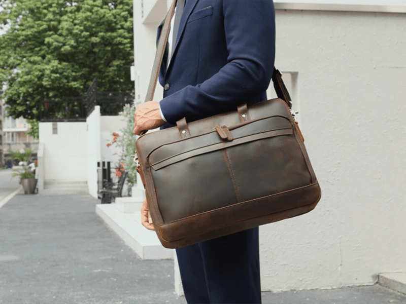 Masa Kawa Leather Briefcase for Men 17/15.6" Laptop Crossbody Shoulder Messenger Bag Business Travel Work Attache Case