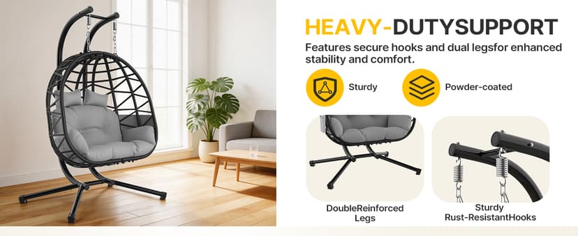 Suteck Double Hanging Egg Chair with Stand, Outdoor Indoor 2 Person Wicker Egg Swing Chair with Cushion, 700lbs Capacity for Patio, Bedroom, Garden - Black