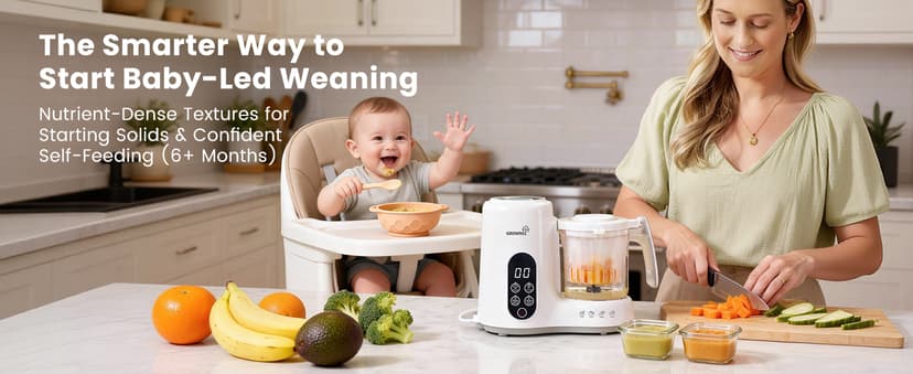 BPA-Free Elevated Steam Basket, Healthy Homemade Baby Food Purees, Starting Solids & BLW, Baby Feeding Essentials, 6+ Months Grownsy Baby Food Maker, Steamer & Blender Baby Food Processor, White B0DGL879NT