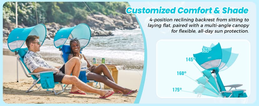 #WEJOY Beach Chair with Canopy Shade, Reclining Adjustable 4 Position, Lay Flat Lightweight Folding Portable Aluminum Chair with Backpack Straps,Padded headrest, Heavy Duty 400lbs Lawn Chair for Beach