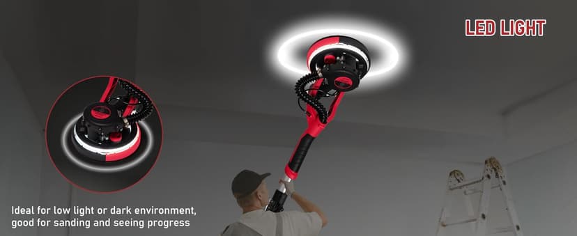 Cofiyard Drywall Sander with Vacuum Dust Collector,1250W Electric Drywall Sander ,7 Variable Speed LED Light 900-1800RPM,Foldable & Extendable Handle Ceiling Popcorn Removal Tool