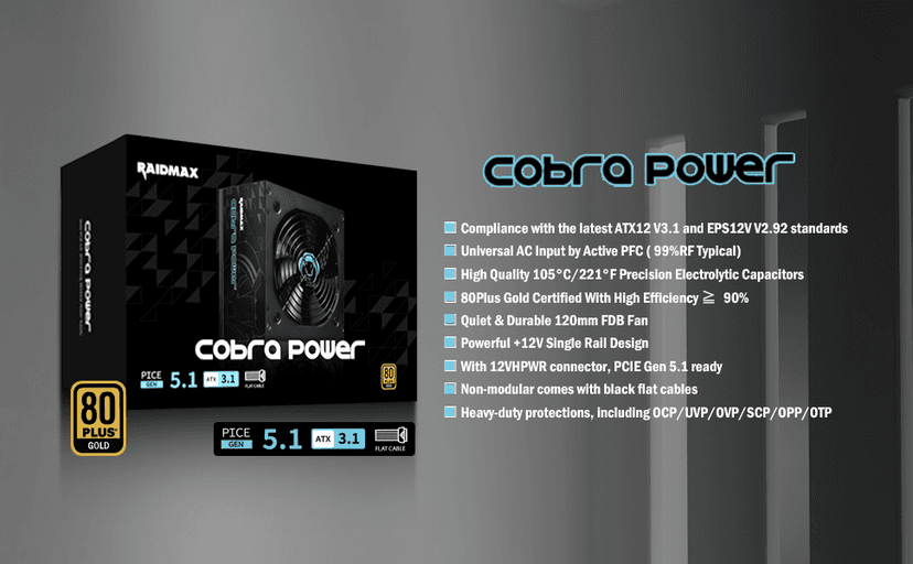 RAIDMAX Cobra ATX 3.1 PCIe Gen 5 Ready Power Supply, 80+ Gold Certified Gaming PSU, High-Performance Power Supply for Gaming PCs, RoHS, Active PFC, Black Flat Cables (RX750AED)