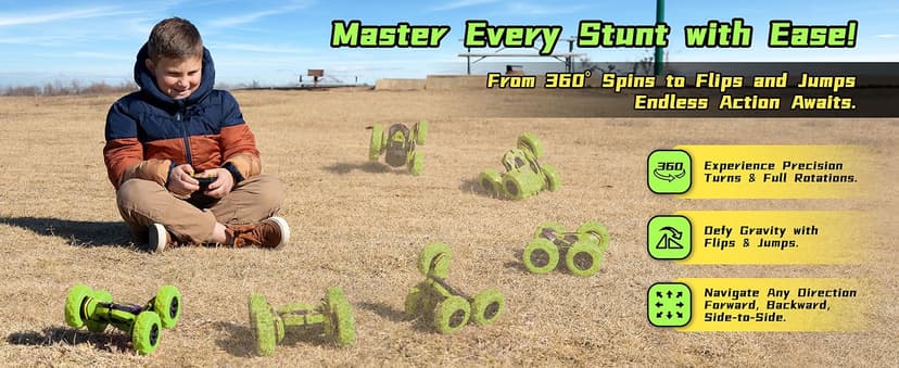 Threeking RC Stunt Cars Remote Control Car Double-Sided Driving 360-degree Flips Rotating Car Toy, Green