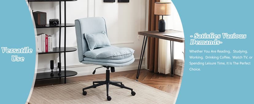 VINGLI Cloud Criss Cross Legged Chair,18" High Back Armless Home Office Desk Chair with Wheels,Wide Adjustable Comfy Padded Seat Task Computer Chair,Modern Swivel Makeup Vanity Chair,Fabric,Blue