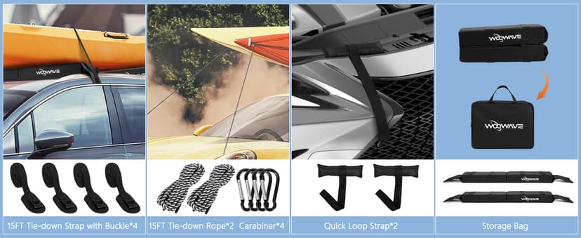 WOOWAVE Folding Kayak Soft Roof Rack Pads Universal Kayak Carrier Car Rack with 4 Tie Down Straps, 2 Tie Down Rope, 4 Carabiner, 2 Quick Loop Strap and Storage Bag for Canoe/Surfboard/Paddleboard/SUP