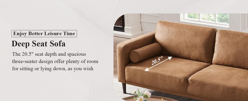 HIFIT Sofa Couches, 79” Mid-Century Modern Couch, Breathable Faux Leather Couch with Upholstered Cushions/Pillows, 3-Seat Sofas & Couches, for Living Room Apartment Office, Brown