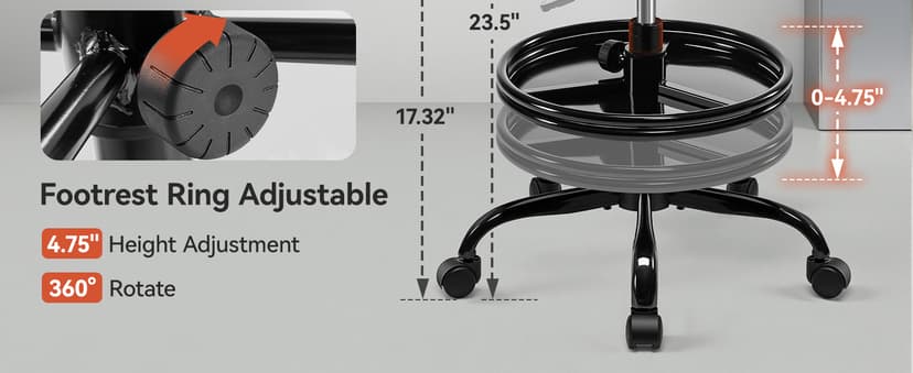 Shop Stool with Wheels for Garage, Mechanics Rolling Chair with Backrest, Adjustable Height Heavy Duty Garage Stool with Footrest and Storage Tray, Swivel Task Chair for Workshop Kitchen Salon