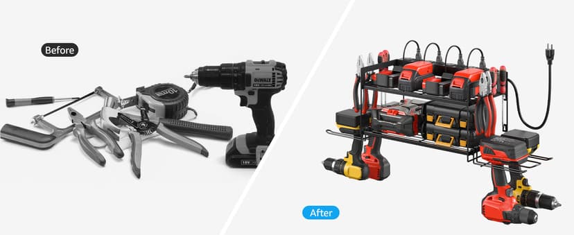 CCCEI Garage Tools Storage with Charging Station. Power Tool Battery Organizer Utility Shelf with Power Strip. 4 Drills Holder Wall Mount Rack, Black.