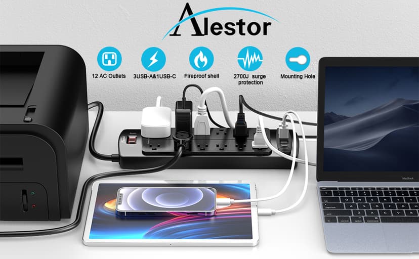 Power Strip, ALESTOR Surge Protector with 12 Outlets and 4 USB Ports, 6 Feet Extension Cord (1875W/15A), 2700 Joules, ETL Listed, Black