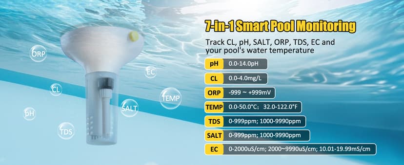 Smart Pool Monitor with Gateway, Profession Salt Water Pool Testing kit for Swimming Pool, 7 in 1 Chlorine Salinity ORP Monitor for Aquarium Sodium Chloride Swimming Pools Hot Tub Spas
