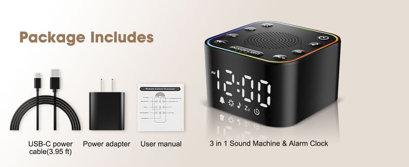 Alampan White Noise Sound Machine with Alarm Clock, 30 Soothing Sounds, Noise Machine for Sleeping, RGB Night Light, Digital Clock, Adults, for Bedside, Nightstand, Including Fan, Rain, Bird, Ocean
