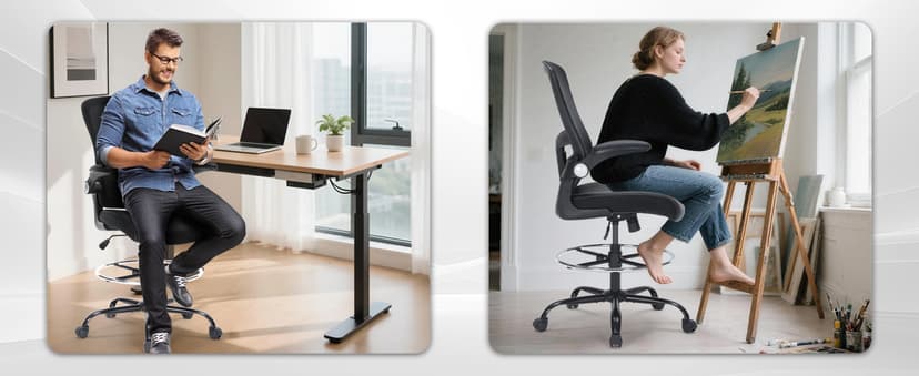 Drafting Chair, Tall Office Chair with PU Leather Seat, Ergonomic Standing Desk Chair with Lumbar Support Counter Height Office Chair with Adjustable Footrest Ring Flip-up Armrests