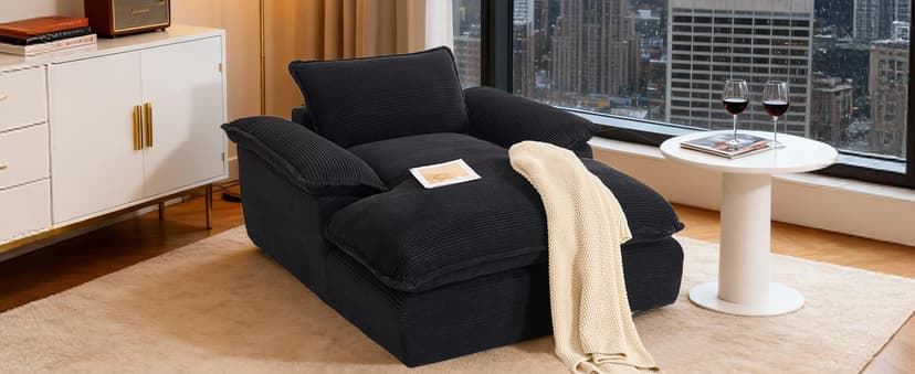 Oversized Chaise Lounge Chair Indoor, 67" Boneless Chaise Lounge with Extra Deep Seat, Comfy Corduroy Upholstered Sleeper Sofa Bed, Cozy Fluffy Single Sofa Armchair for Living Room, Black