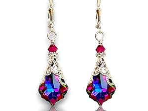 HisJewelsCreations Antique Inspired Vintage Victorian Dangle Drop Earrings for Women - Colored Austrian Crystal Leverback Earrings - Jewelry Gift for Her
