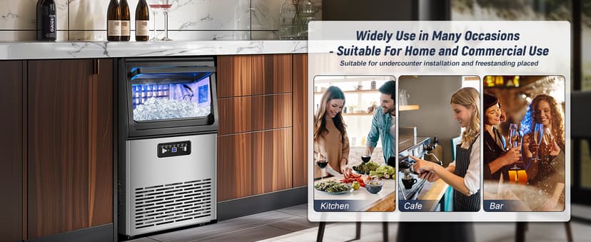 SOZT® Under Counter Ice Maker Machine, 100LBS/24H Stainless Steel Commercial Ice Machine, 20LBS Storage Capacity, Self-Cleaning Freestanding Ice Cube Maker for Home, Bar, Restaurant, Office
