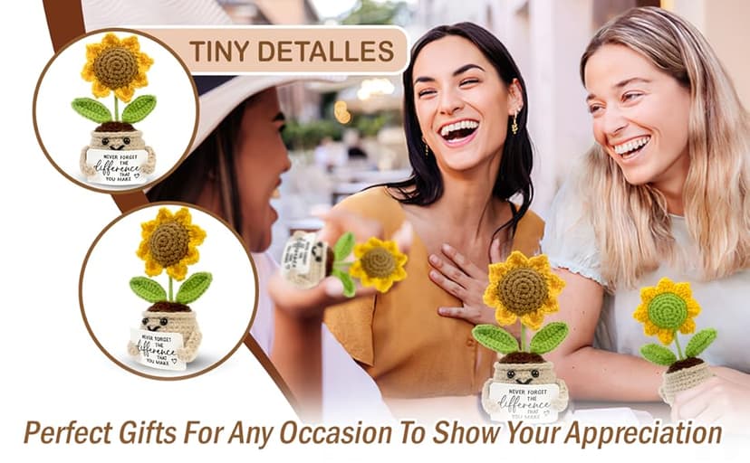 Mini Positive Crochet Sunflower, Cute Cheer Up Gifts for Women, Crochet Plant with Optimistic Card for Nurse Teacher Boss, Thank You Gifts for Friends, Coworker and Sunflower Decor