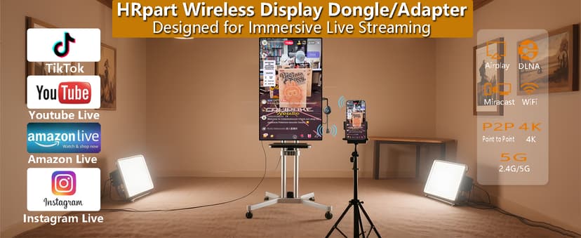 Wireless Display Adapter Designed for Multimedia Live Streaming Broadcast with Landscape/Portrait Screen Display Perfect for TikTok,YouTube,Amazon Live