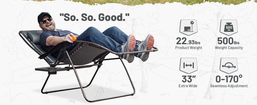 Timber Ridge Oversized Zero Gravity Chair, 33In Wide XXL Zero Gravity Reclining Chair with Side Table, Full Padded Lounge Chair for Outdoor Camping Patio Lawn, Heavy Duty Supports 500lbs, Grey-1 Pack