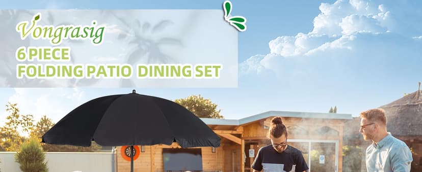 Vongrasig 6 Piece Folding Patio Dining Set,Small Metal Outdoor Garden Patio Table and Chair Set w/Umbrella for Lawn,Deck,Backyard,Black
