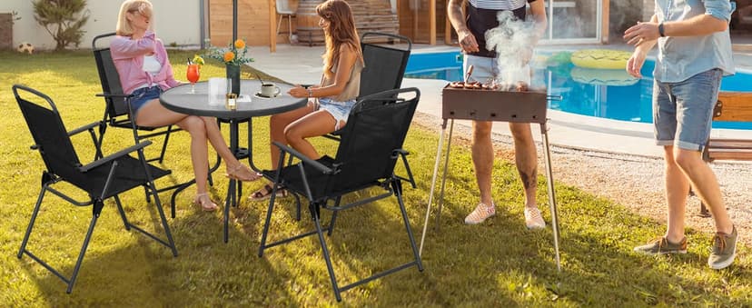 Vongrasig 6 Piece Folding Patio Dining Set,Small Metal Outdoor Garden Patio Table and Chair Set w/Umbrella for Lawn,Deck,Backyard,Black