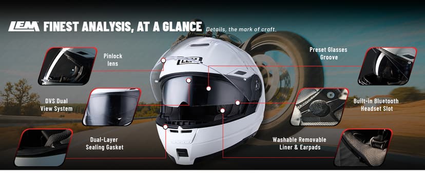 LEM Modular Motorcycle Helmets Fiberglass, Full Face Motorcycle Helmet Flip Up for Touring, DOT Certified, Release Sun Visor & Removable Comfort Liner, Lightweight Street Bike Helmet (White, M)