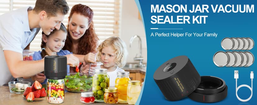 Electric Mason Cordless Vacuum Sealer Kit for Wide-Mouth & Regular-Mouth Mason Jars, for Food Storage and Fermentation, Black