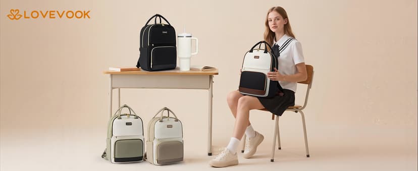 LOVEVOOK Laptop Backpack for Women with Giant Tumbler Holder Pocket, 15.6 inch Travel Work Backpack Purse for Teacher Nurse, Waterproof College Book Bag Cute Casual Daypack, Beige-Black-Brown