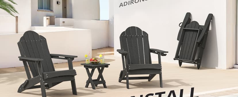 LUE BONA Folding Adirondack Chair, Chairs Set of 4, Cup Holder, Woodgrain, Fire Pit, Patio, Pool, Black