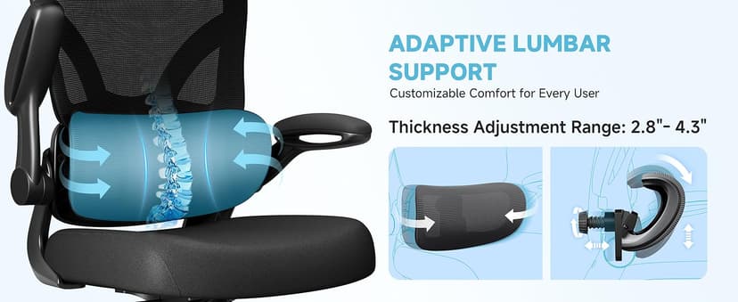 Ergonomic Office Chair, 330LBS Desk Chair with 3-Level Lumbar Support & Headrest, Breathable Mesh Backrest, Flip-Up Armrests for Home Office and Gaming, Black