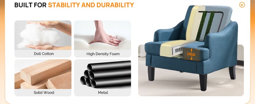 VINGLI Linen Fabric Accent Chair Navy Blue, Modern Upholstered Armchair, Comfy Sofa Chair Living Room Bedroom Furniture for Apartment