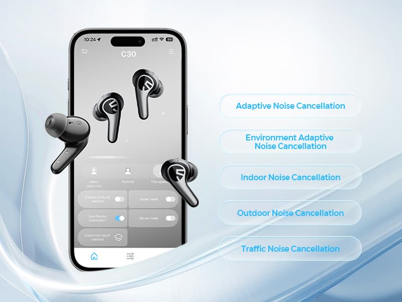 SOUNDPEATS C30 Hybrid ANC Earbuds with LDAC Hi-Res Audio, 52H Playtime -52dB Adaptive Noise Cancelling Wireless Earbuds, 6-Mic Clear Call, 12mm Driver, Bluetooth 6.0, Multi-Point, IP54 for Work/Travel