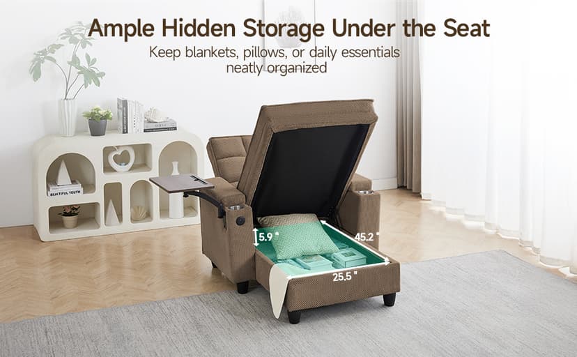 41.7" Oversized Chaise Lounge Chair Indoor, Boucle Upholstered Sofa Bed with Adjustable Backrest, Deep Seat Reading Chair, Sofas Couches for Living Room, Storage, Cup Holders & 360° Swivel Side Table