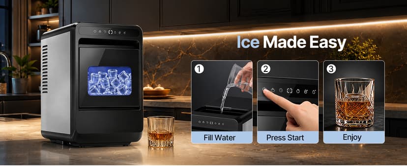 Clear Ice Cube Maker, 8 Crystal 1.2" Large Cubes in 20 Mins, Slow-Melting for Whiskey, 24H Timer, Self-Cleaning & Adjustable Thickness for Home Bar, Kitchen, Party