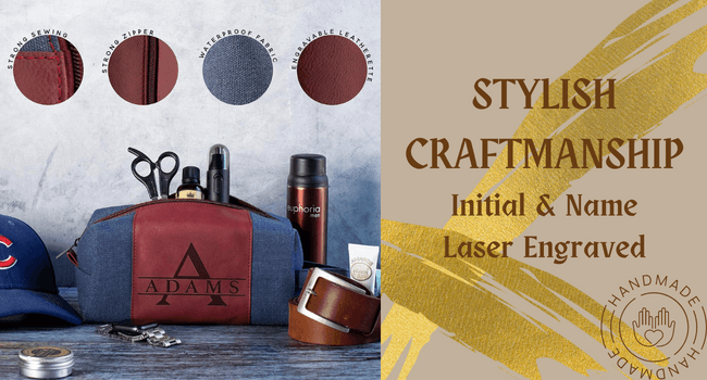 GIFTBYGIFTY Toiletry Bag for Men Personalized, Laser Engraved Initial & Name on Leather, Custom 4 Canvas Colors - Gift for Husband, Dad, Boy Friend, Handcrafted Travel Bag, Waterproof Shaving Dopp Kit