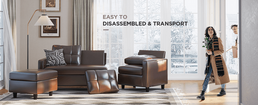 HONBAY Faux Leather Sectional Sofa, Convertible Sectional Couch L Shaped Couch Sofa for Small Space, Brown