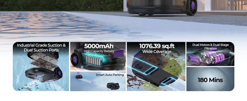 Robotic Pool Cleaner with Dual-Drive Motors,Dual-Layer Filtration, 180Min Runtime, Powerful Cordless Pool Vacuum for Above-Ground & Flat Pools,Auto-Parking Design,Double Suction Port