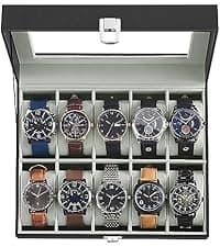 SONGMICS SONGMICS Watch Box, 12-Slot Watch Case Organizer with Large Glass Lid, Removable Pillows, Gift for Loved Ones, Black Synthetic Leather, Gray Lining UJWB12BK