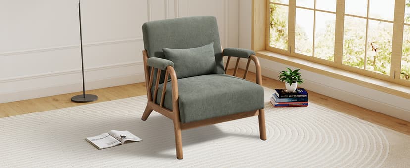 IOMOR Mid Century Modern Accent Chair with Solid Wood Frame Linen Fabric, Upholstered Living Room Chairs with Lumbar Cushion Padded Arms, Reading Armchair for Bedroom (1, Warm Beige)