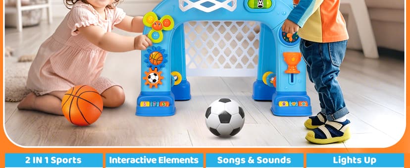 KIZZYEA Toys for 1 2 3 Years Old Boys Girls, Toddler Basketball Hoop & Soccer Goal, Montessori Toy, Interactive Musical Sports Toys with Light, Christmas Birthday Gifts for Baby Kids Age 12-18 Months